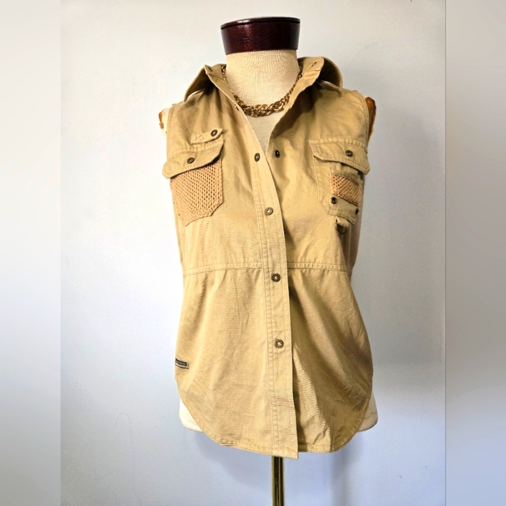 RALPH LAUREN 1967 Khaki Tan Cotton Sleeveless Button-Up Safari Vest. Size Small